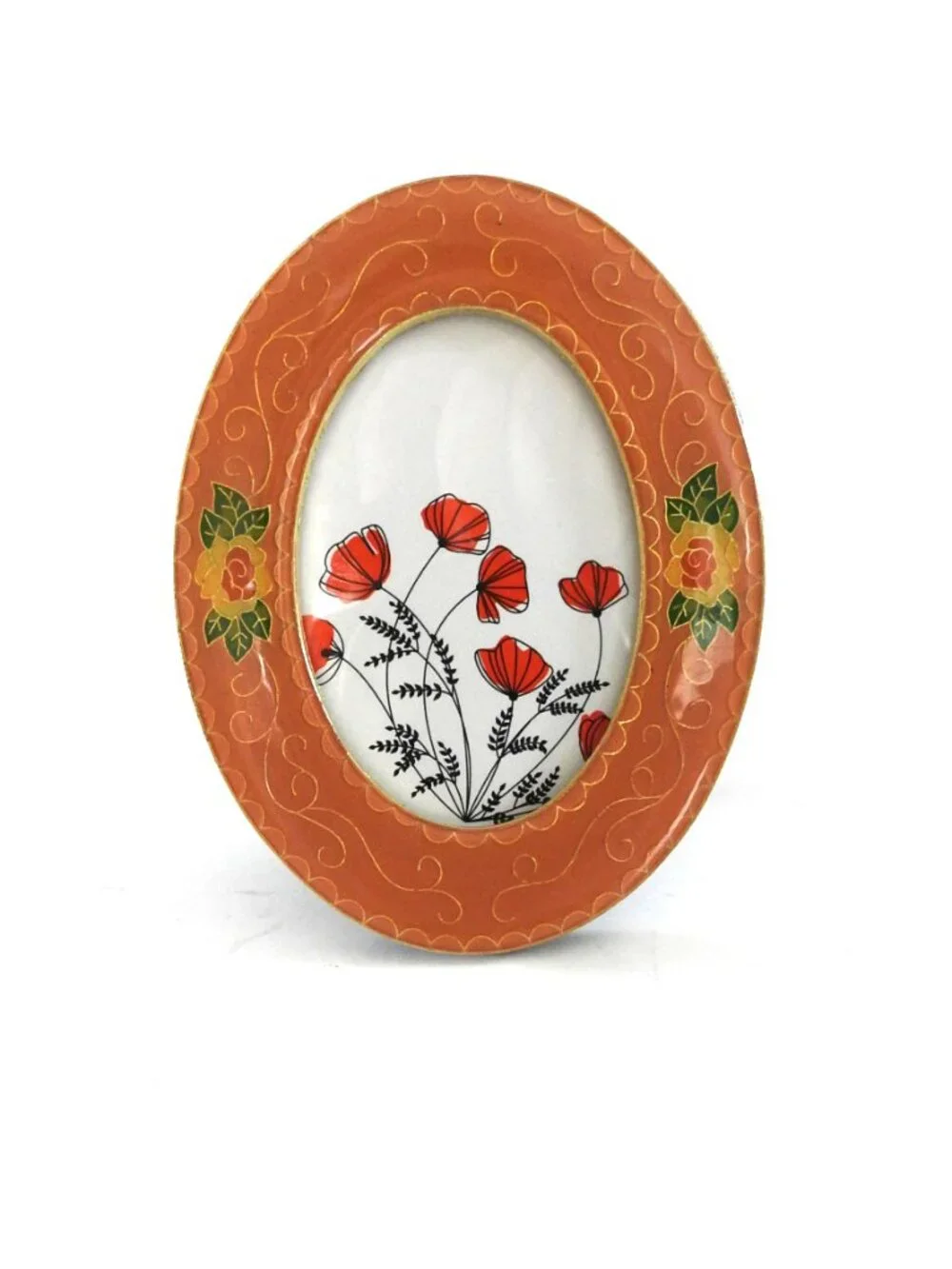 Vintage Orange Enamel & Brass Mini Oval Floral Picture Frame